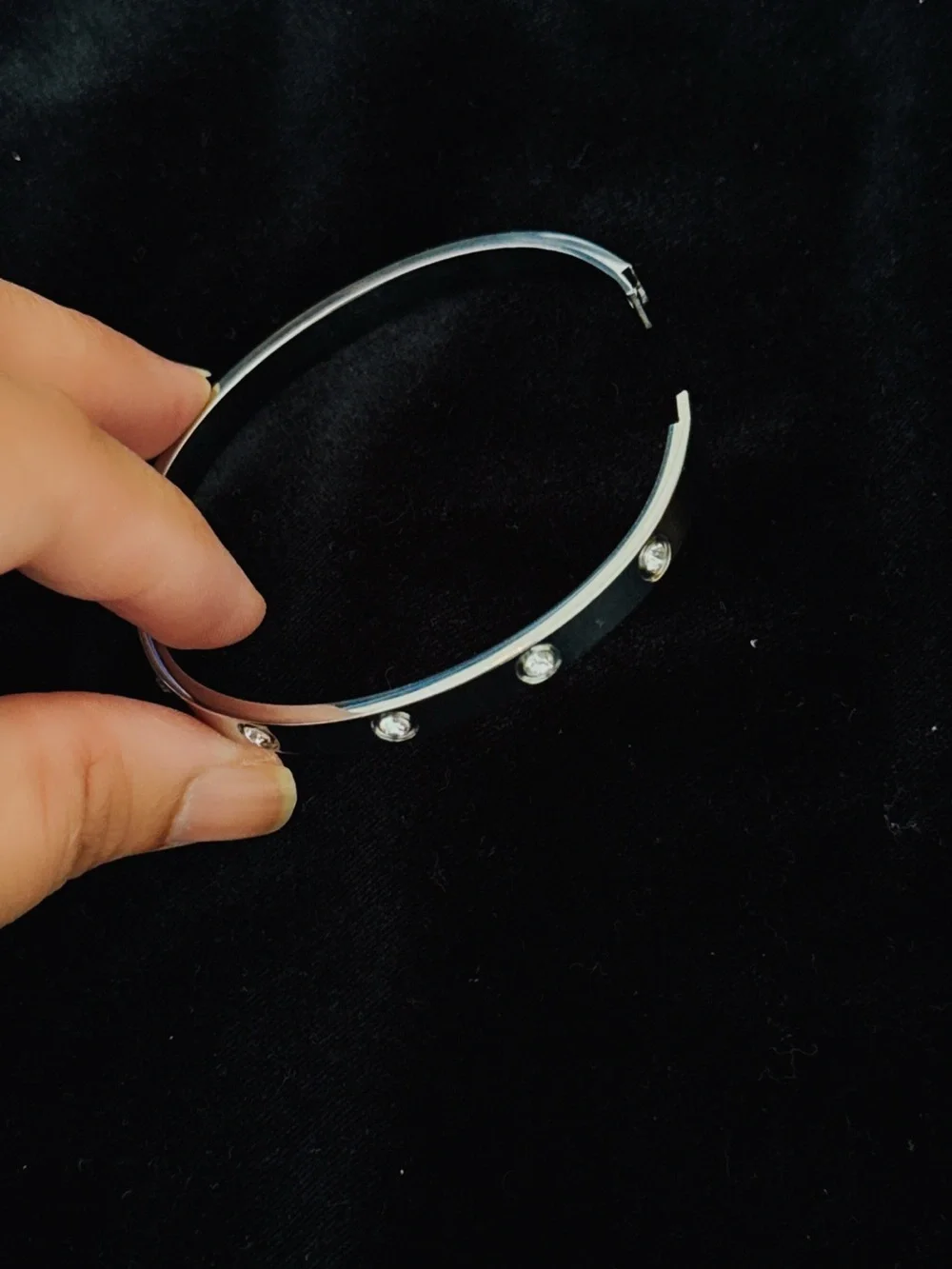 Silver Crystal Accent Stainless Steel Bangle Bracelet